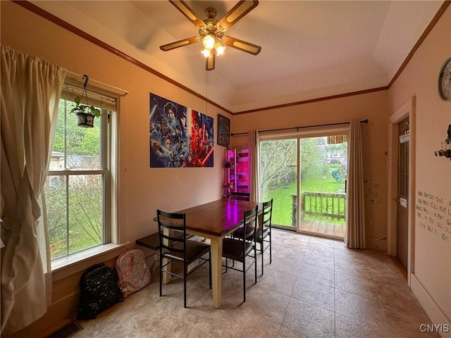 237 James St, Lenox, NY 13032 - dining room with plenty of natural light, a ceiling fan, and ornamental molding