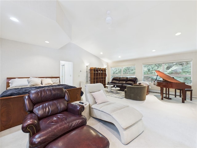 bedroom featuring carpet floors, recessed lighting, and lofted ceiling
