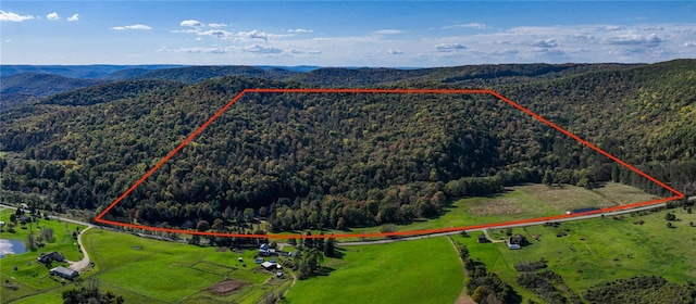 view of property location featuring a forest, property boundaries highlighted, and a mountainous background