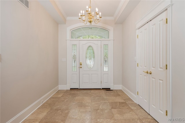 56 Sunset Ln, Orchard Park, NY 14127 - entryway featuring a chandelier, light stone finish flooring, baseboards, and crown molding
