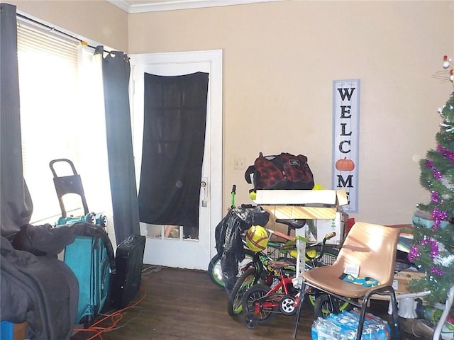 bedroom with wood finished floors and ornamental molding