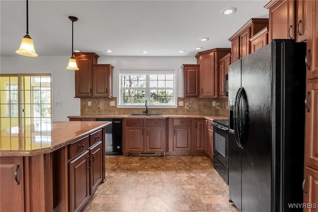 1275 Center St, Aurora, NY 14052 - kitchen with black appliances, a sink, tasteful backsplash, pendant lighting, and recessed lighting