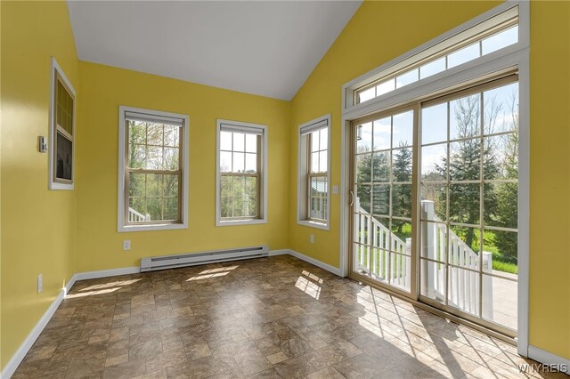 1275 Center St, Aurora, NY 14052 - entryway with a baseboard radiator, baseboards, stone finish floors, and vaulted ceiling