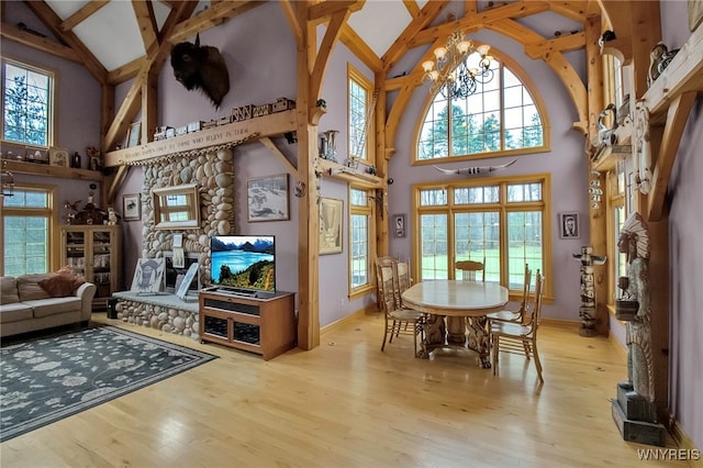 100 May Dr, Elma, NY 14059 - dining room with high vaulted ceiling, beamed ceiling, a chandelier, wood finished floors, and baseboards
