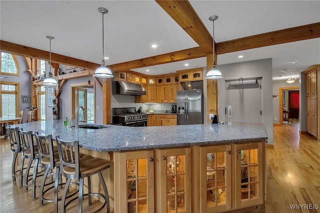 100 May Dr, Elma, NY 14059 - kitchen featuring appliances with stainless steel finishes, a sink, under cabinet range hood, recessed lighting, and light wood finished floors