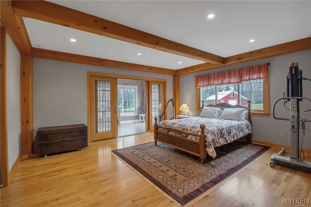 100 May Dr, Elma, NY 14059 - bedroom with beamed ceiling, access to exterior, light wood-type flooring, recessed lighting, and baseboards