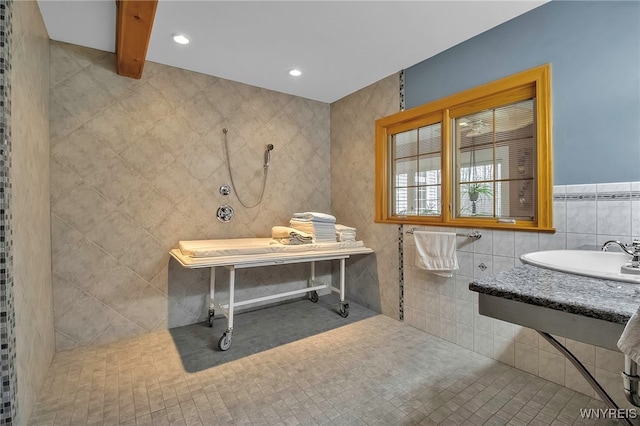 100 May Dr, Elma, NY 14059 - bathroom featuring walk in shower, tile walls, and recessed lighting