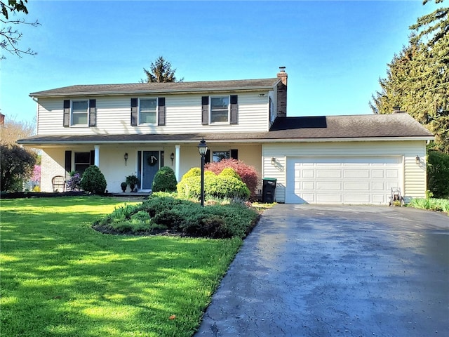 view of front of house with a chimney, concrete driveway, a garage, and a front yard