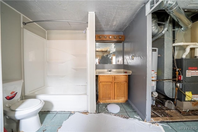 bathroom featuring  shower combination, toilet, tile patterned flooring, vanity, and gas water heater