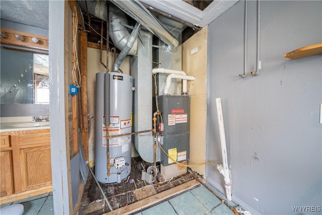 utility room with water heater and a sink