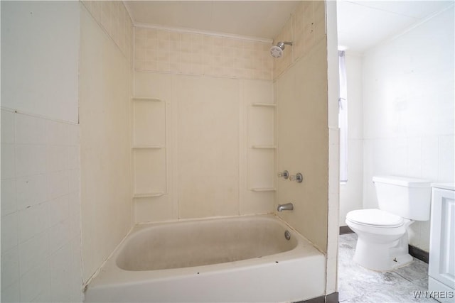 bathroom featuring toilet, tub / shower combination, and ornamental molding