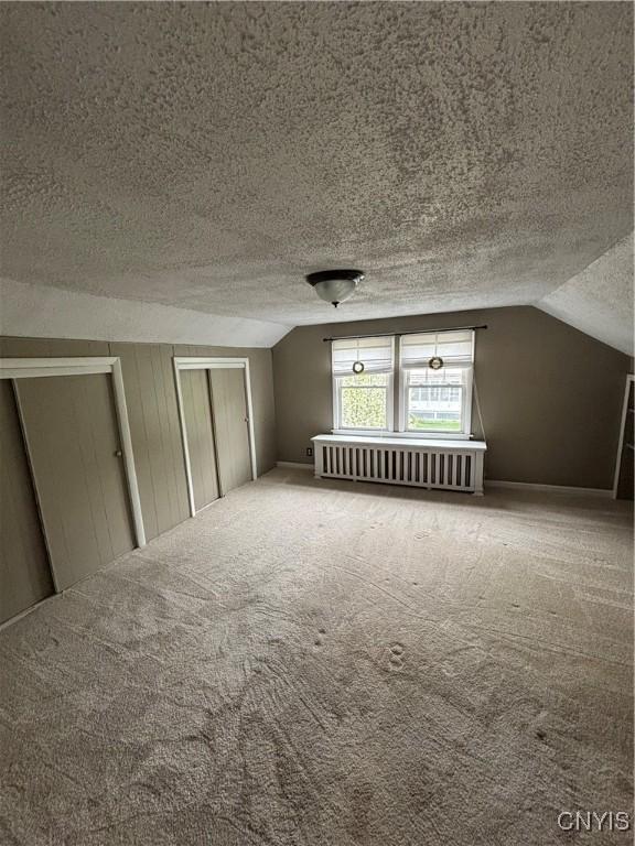 additional living space featuring radiator, lofted ceiling, a textured ceiling, and carpet floors