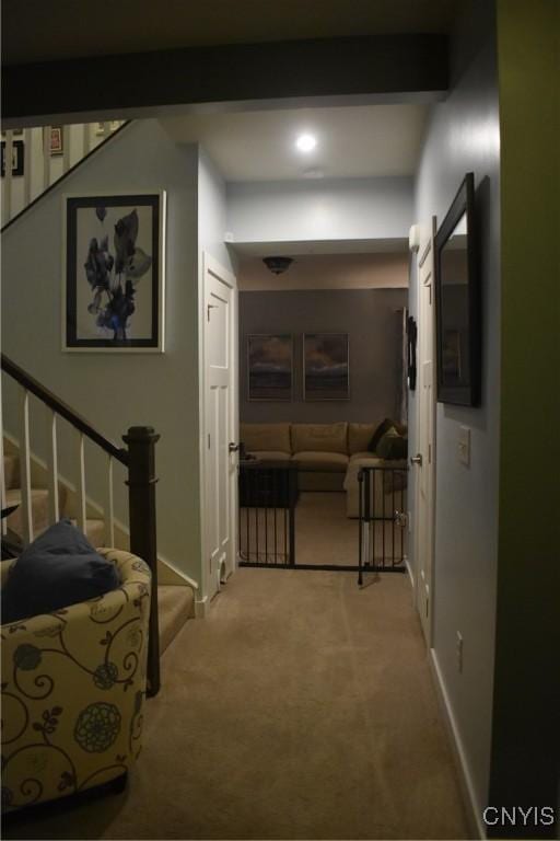 5546 Rolling Meadows Way, Camillus, NY 13031 - hall featuring light carpet, stairs, and recessed lighting
