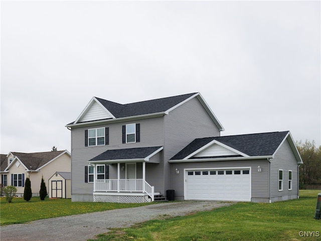 36395 Sarah Ln, Orleans, NY 13656 - traditional-style house with a porch, a storage shed, driveway, an attached garage, and a front yard