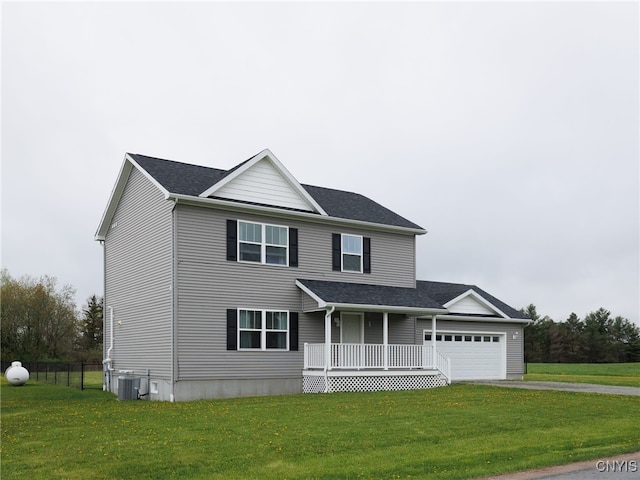36395 Sarah Ln, Orleans, NY 13656 - traditional home featuring driveway, an attached garage, central air condition unit, roof with shingles, and a porch
