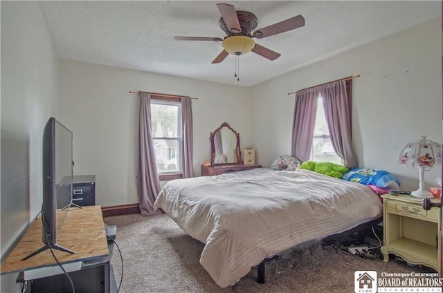 bedroom featuring carpet flooring and ceiling fan