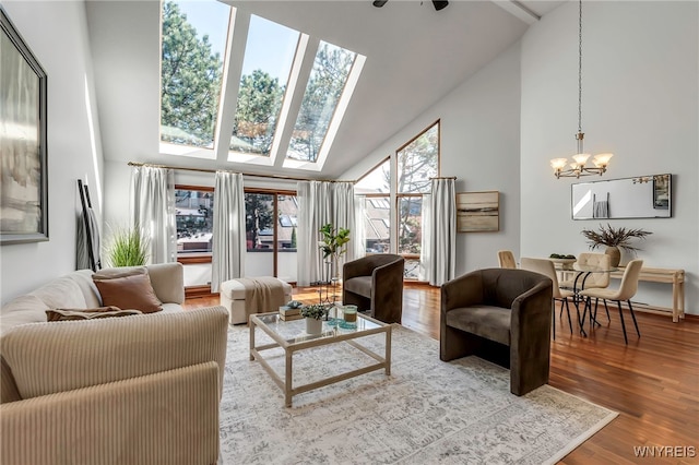 20 Harbour Pointe, Buffalo, NY 14202 - living area with high vaulted ceiling, a chandelier, wood finished floors, and a skylight