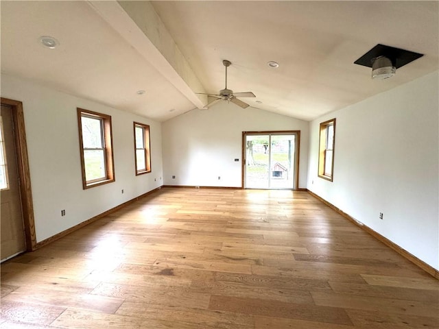 unfurnished room with light wood-type flooring, baseboards, and a ceiling fan