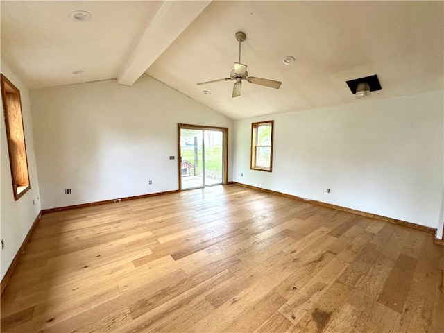 unfurnished room featuring a ceiling fan, light wood-style floors, and baseboards