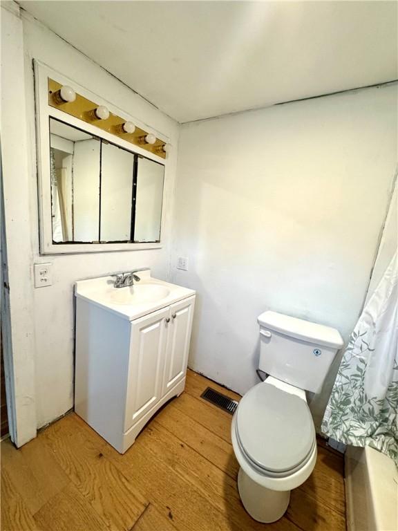 bathroom with wood finished floors, toilet, and vanity