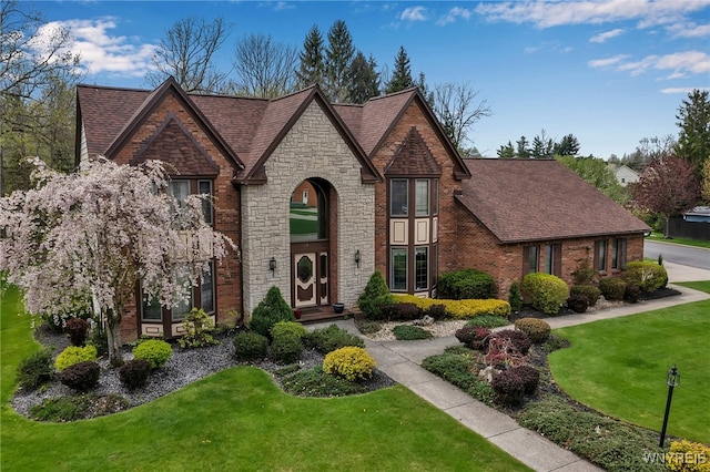 tudor house featuring a front lawn, stone siding, and brick siding