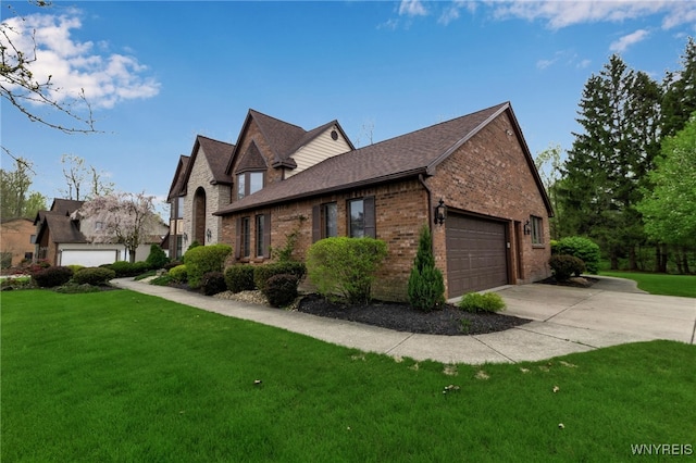view of home's exterior featuring brick siding, a lawn, concrete driveway, and a shingled roof