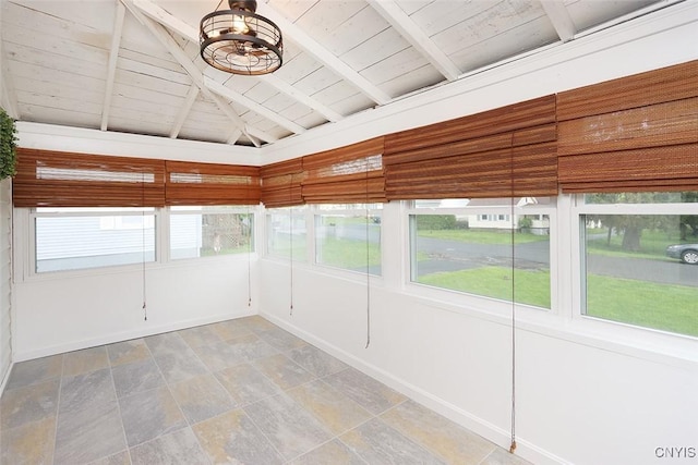 113 Olmstead Pl, Onondaga, NY 13219 - unfurnished sunroom featuring stone finish flooring, baseboards, wooden ceiling, and a chandelier