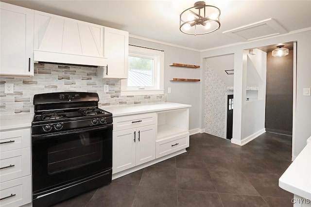 113 Olmstead Pl, Onondaga, NY 13219 - kitchen featuring gas stove, custom range hood, open shelves, backsplash, and light countertops