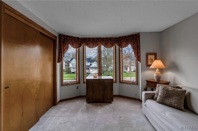 sitting room featuring light carpet and baseboards