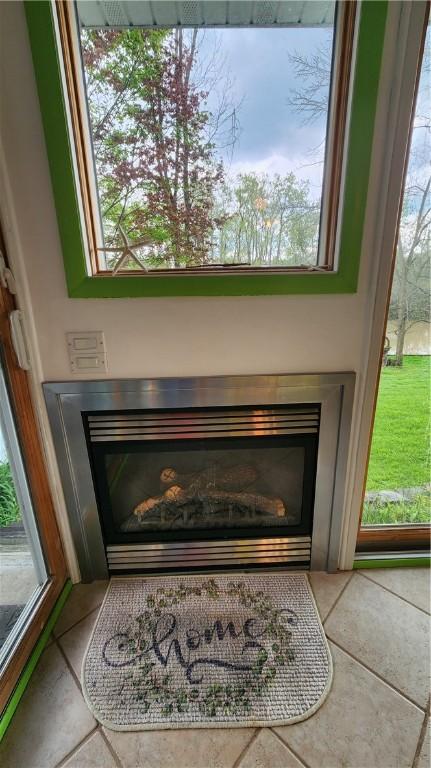 detailed view of a glass covered fireplace