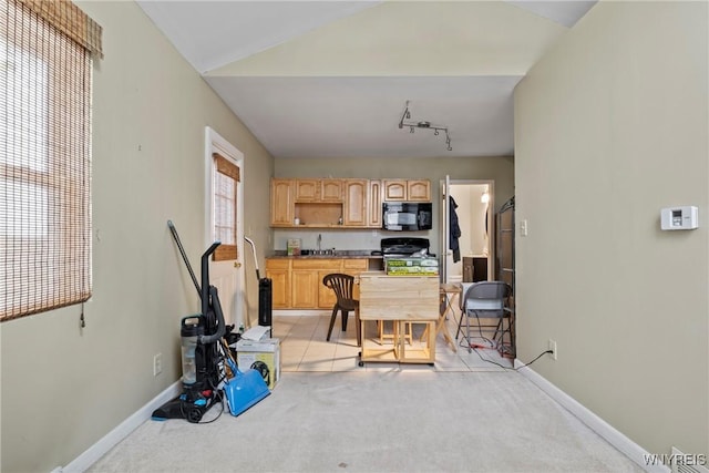 220 Clover Pl, Cheektowaga, NY 14225 - kitchen with black microwave, stove, light brown cabinets, light colored carpet, and a sink
