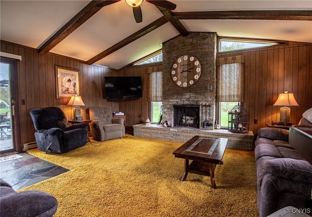 7732 Gifford Rd, Rome-Inside, NY 13440 - carpeted living room featuring wooden walls, a baseboard heating unit, ceiling fan, and a fireplace