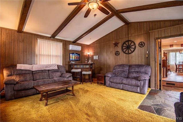 7732 Gifford Rd, Rome-Inside, NY 13440 - carpeted living room featuring a wall mounted AC, wood walls, and a ceiling fan