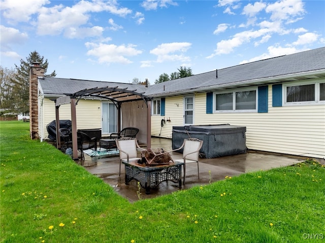 7732 Gifford Rd, Rome-Inside, NY 13440 - rear view of house featuring a hot tub, an outdoor fire pit, a patio, a lawn, and a pergola
