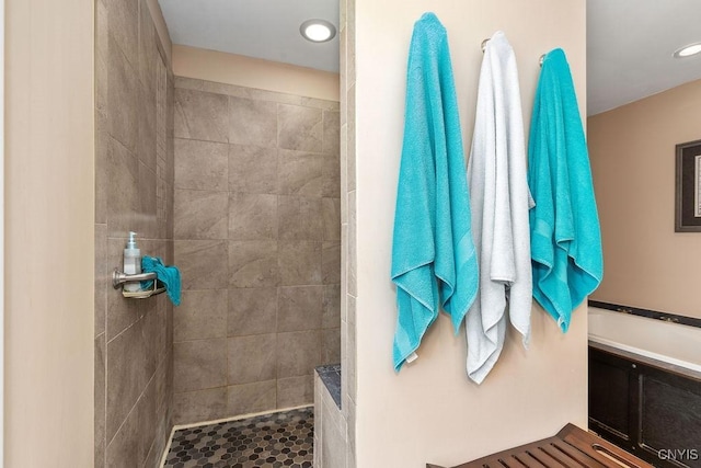 117 Shoreview Dr, Clay, NY 13090 - bathroom with a walk in shower, a bath, and recessed lighting