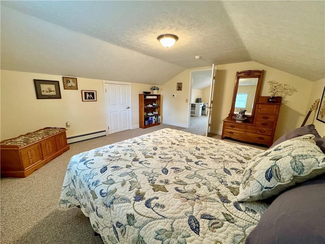 155 Hickory Grove Rd, Horseheads, NY 14845 - carpeted bedroom with a baseboard radiator, a textured ceiling, lofted ceiling, and baseboards
