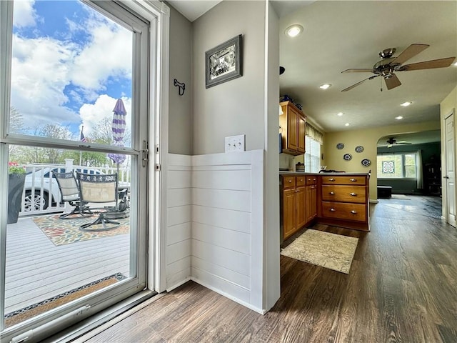 155 Hickory Grove Rd, Horseheads, NY 14845 - doorway featuring ceiling fan, dark wood-style floors, and recessed lighting