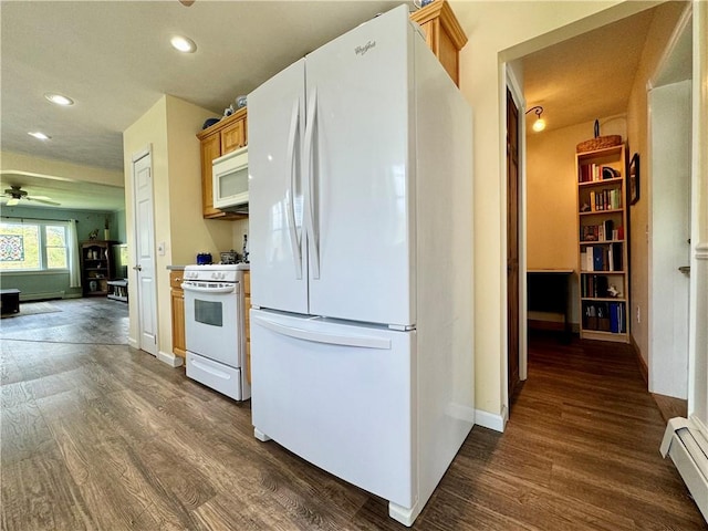 155 Hickory Grove Rd, Horseheads, NY 14845 - kitchen featuring white appliances, a baseboard heating unit, dark wood-style floors, a ceiling fan, and recessed lighting