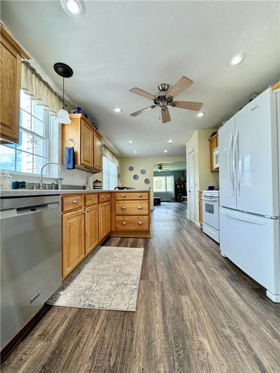 155 Hickory Grove Rd, Horseheads, NY 14845 - kitchen with white appliances, dark wood finished floors, a ceiling fan, pendant lighting, and recessed lighting
