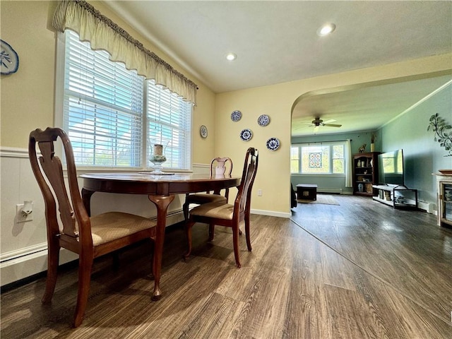 155 Hickory Grove Rd, Horseheads, NY 14845 - dining area featuring wood finished floors, a ceiling fan, recessed lighting, and baseboards