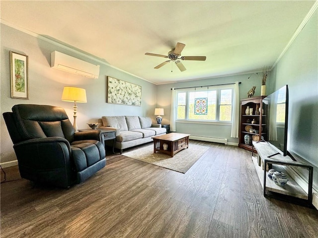 155 Hickory Grove Rd, Horseheads, NY 14845 - living area with a wall unit AC, ornamental molding, wood finished floors, a baseboard radiator, and baseboards