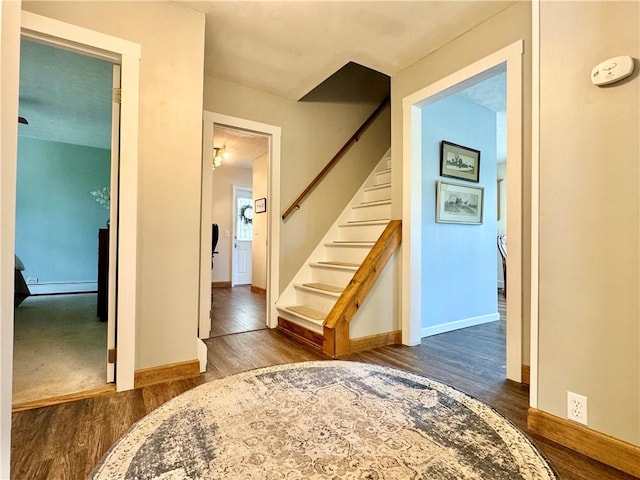 155 Hickory Grove Rd, Horseheads, NY 14845 - staircase with wood finished floors, baseboards, and baseboard heating