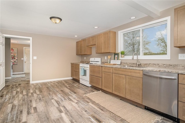 kitchen featuring dishwasher, white gas range, a sink, light brown cabinetry, and light wood-style flooring