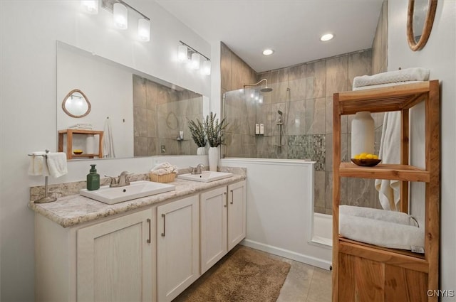 161 Knapps Knolle Rd, Schuyler, NY 13502 - full bathroom featuring walk in shower, tile patterned floors, double vanity, and recessed lighting