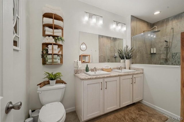 161 Knapps Knolle Rd, Schuyler, NY 13502 - bathroom with toilet, a walk in shower, double vanity, and baseboards