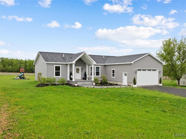 161 Knapps Knolle Rd, Schuyler, NY 13502 - ranch-style house featuring a garage, driveway, a front lawn, a shingled roof, and a playground
