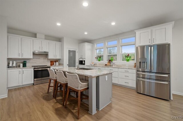 161 Knapps Knolle Rd, Schuyler, NY 13502 - kitchen with stainless steel appliances, under cabinet range hood, white cabinetry, tasteful backsplash, and light wood-style floors