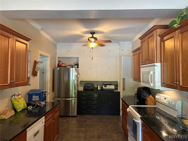 kitchen featuring white appliances, ceiling fan, brown cabinets, ornamental molding, and dark stone counters
