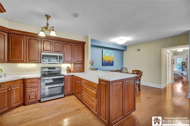 14 S Lake Dr Unit 2B, Chautauqua, NY 14722 - kitchen with appliances with stainless steel finishes, a peninsula, a sink, light countertops, and light wood finished floors