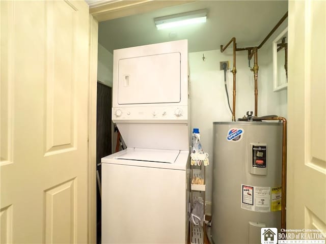14 S Lake Dr Unit 2B, Chautauqua, NY 14722 - laundry area with electric water heater and stacked washer / drying machine